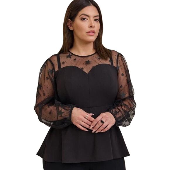 torrid Tops - Torrid Whimsigoth Black Mesh Glitter Star Peplum Top 3X Long Sleeve